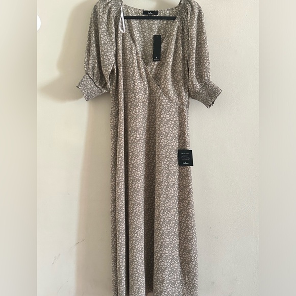 Lulu’s Sage Green Floral Print Puff Sleeve Midi Dress Size Large New - Picture 6 of 9